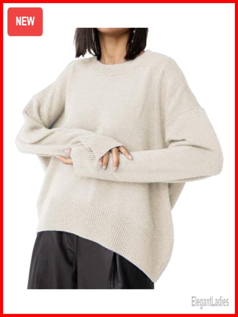 Oversized Slouchy Knitted High Low Sweater Loose Fit Crewneck Long Sleeve